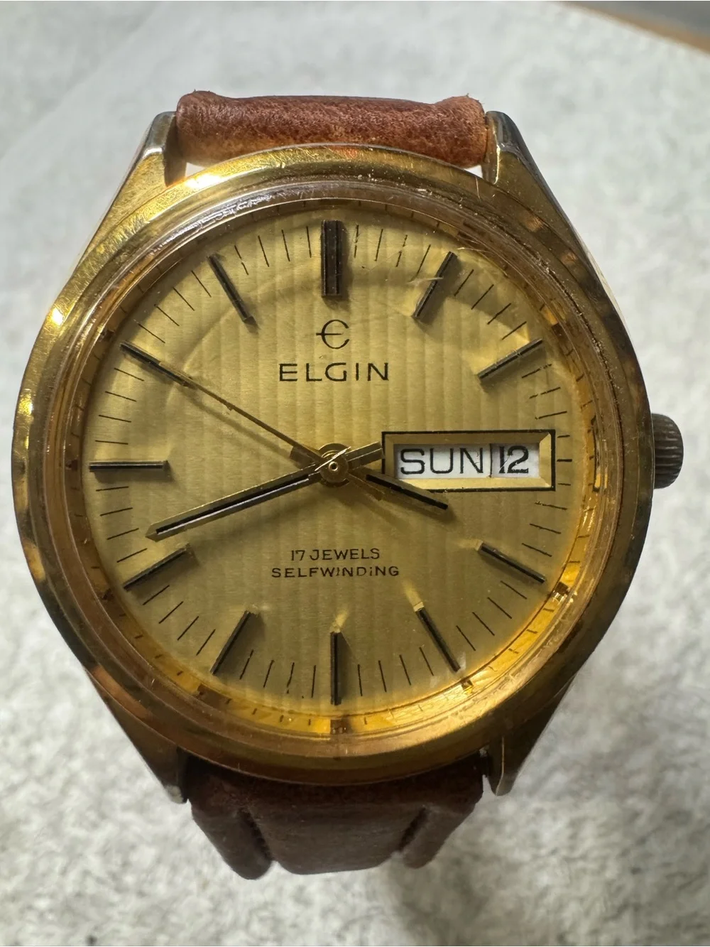 Elgin Gold-Tone Selfwinding Watch with Brown Leather Strap